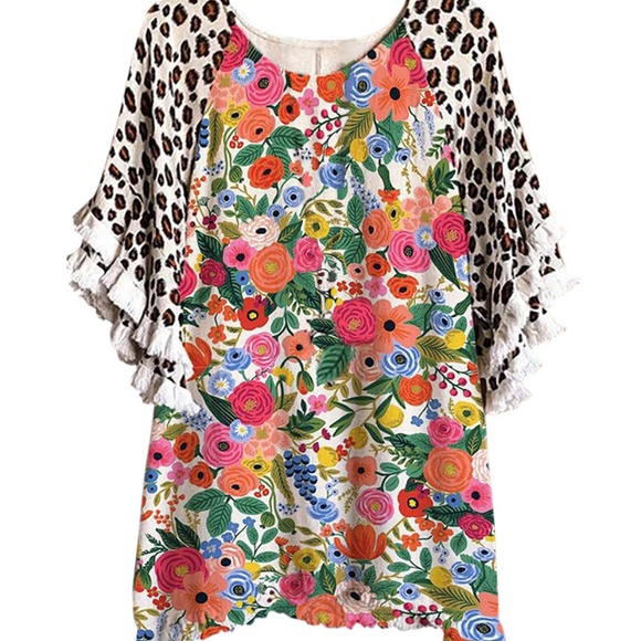 New Lace Ruffle Sleeves Crew Neck Print Colorblock Women's Loose T-Shirt - Picture 5 of 5